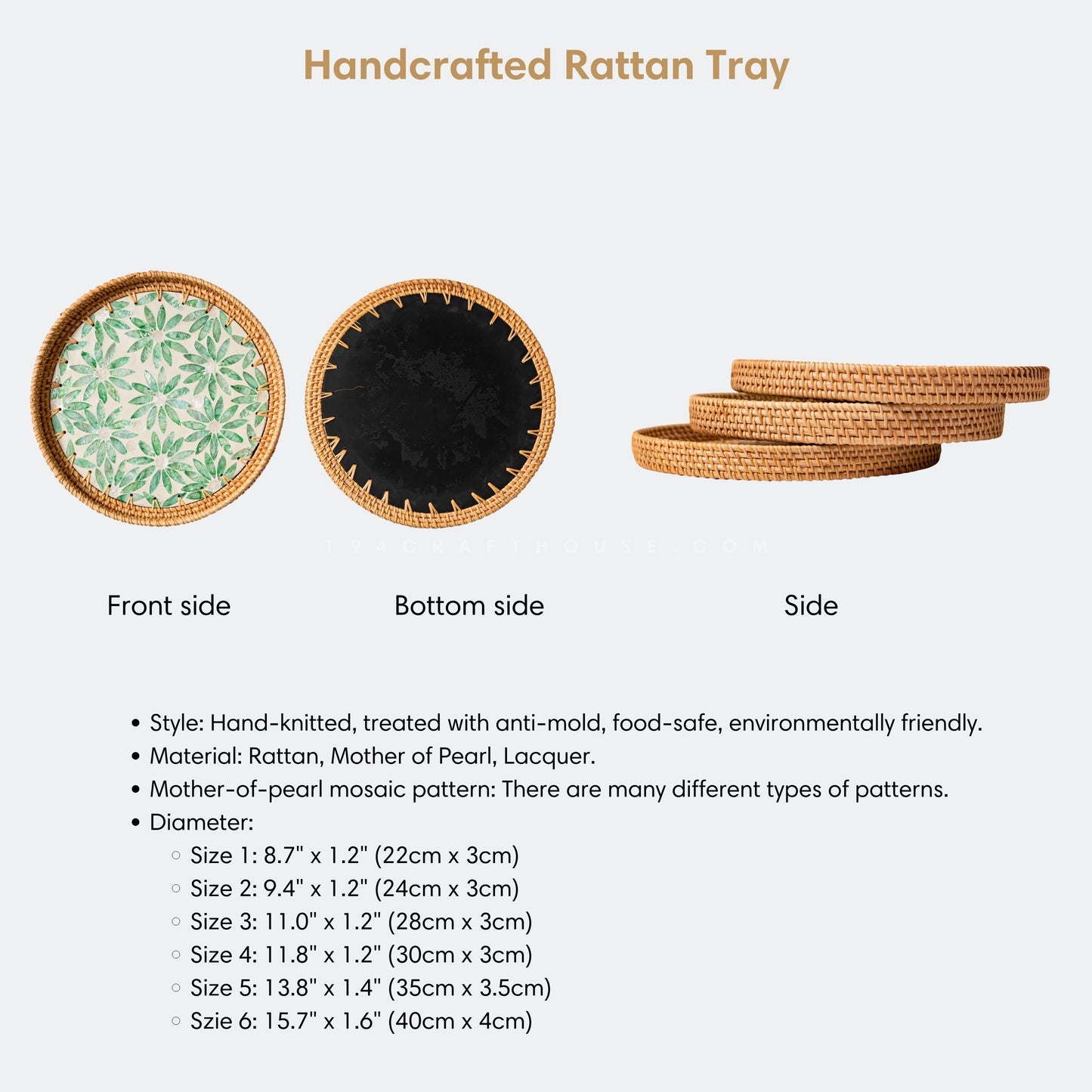 Green Flower Pattern Woven Round Rattan Tray With Mother of Pearl Inlay