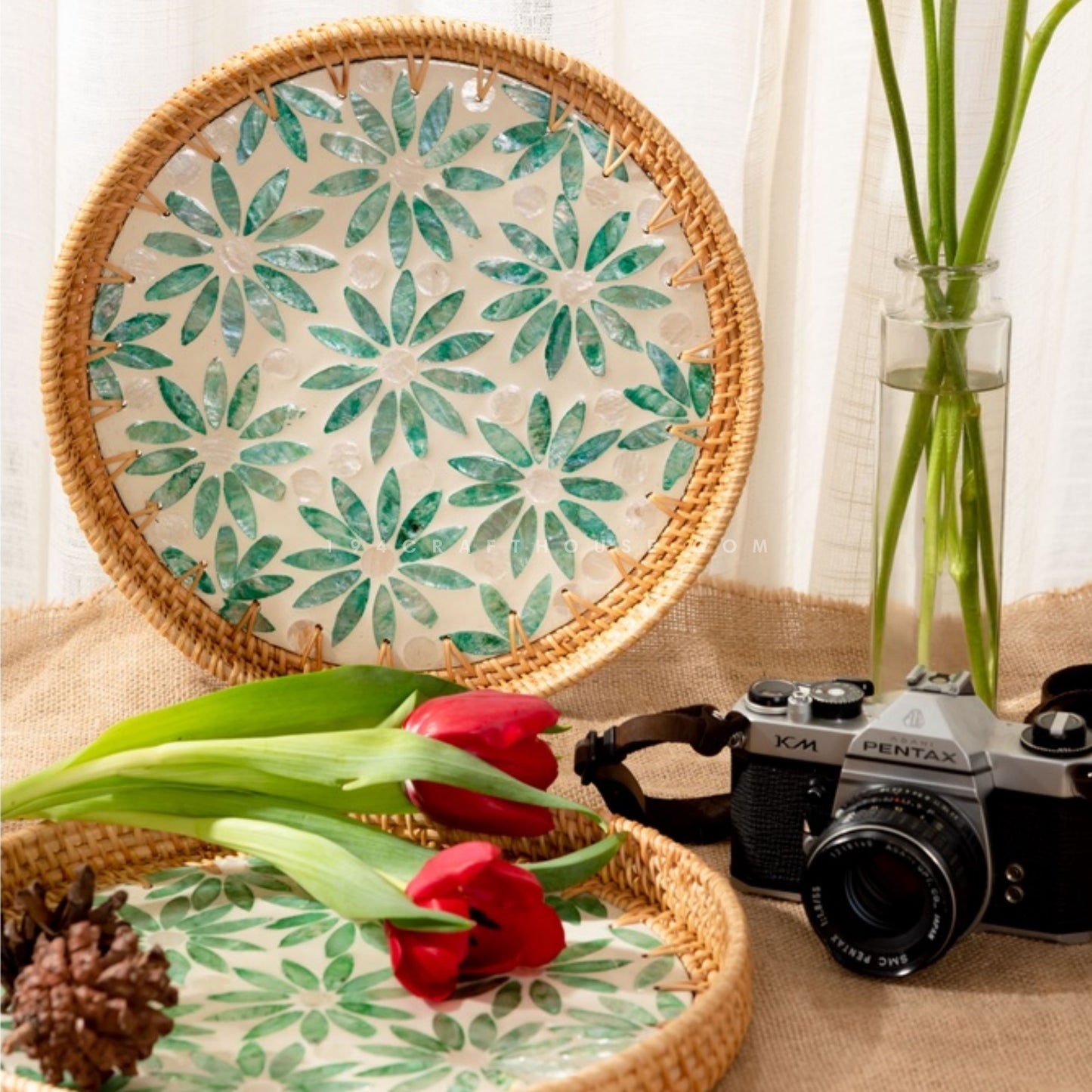 Woven Round Rattan Tray With Mother Of Pearl Inlay Various Size And Pattern
