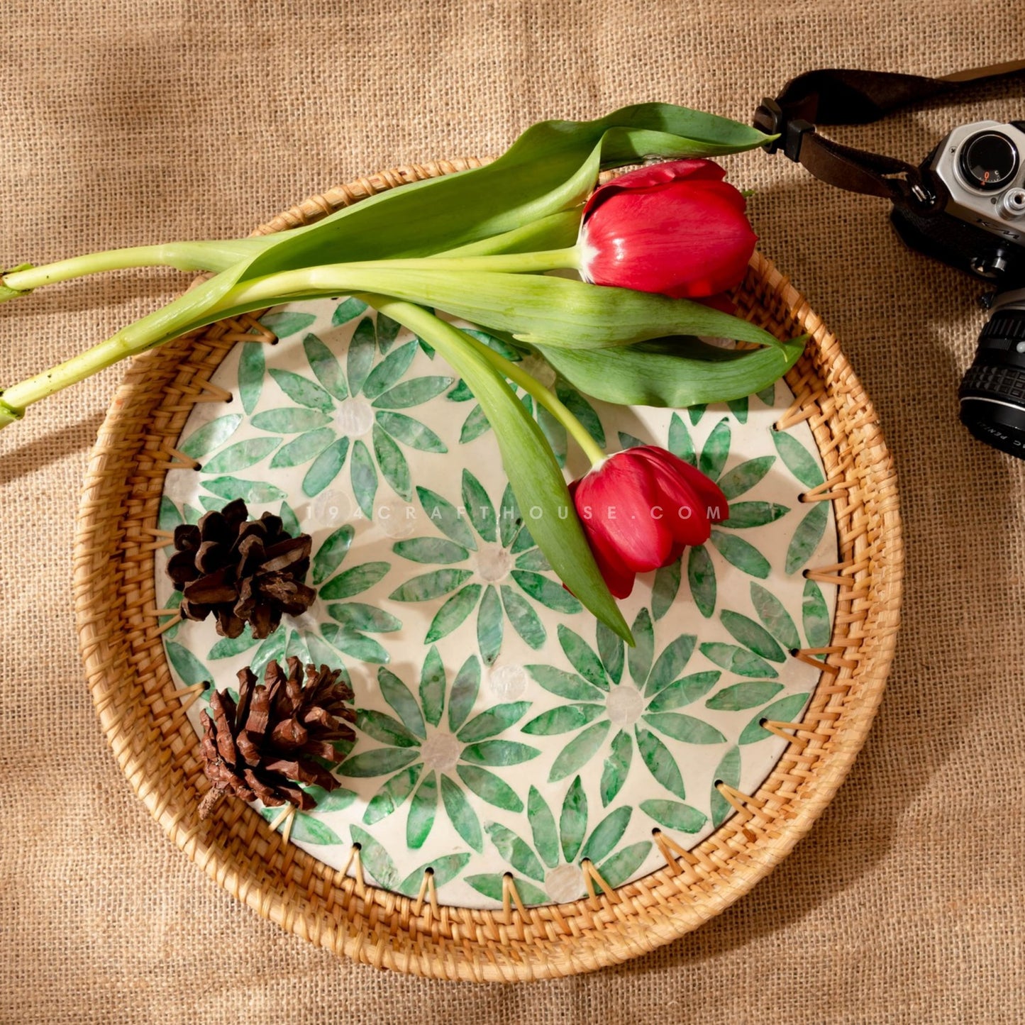 Green Flower Pattern Woven Round Rattan Tray With Mother of Pearl Inlay