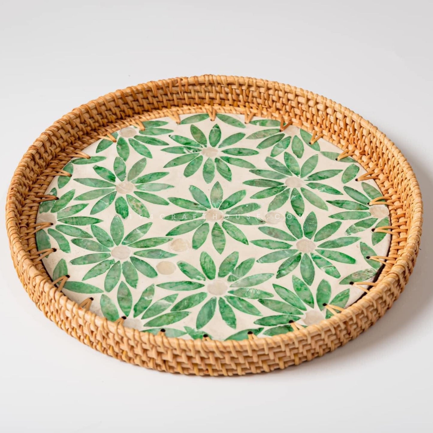 Green Flower Pattern Woven Round Rattan Tray With Mother of Pearl Inlay
