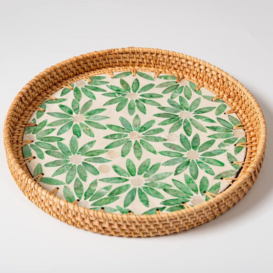 Green Flower Pattern Woven Round Rattan Tray With Mother of Pearl Inlay