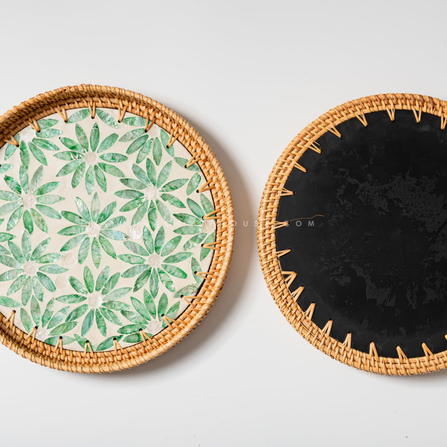 Green Flower Pattern Woven Round Rattan Tray With Mother of Pearl Inlay