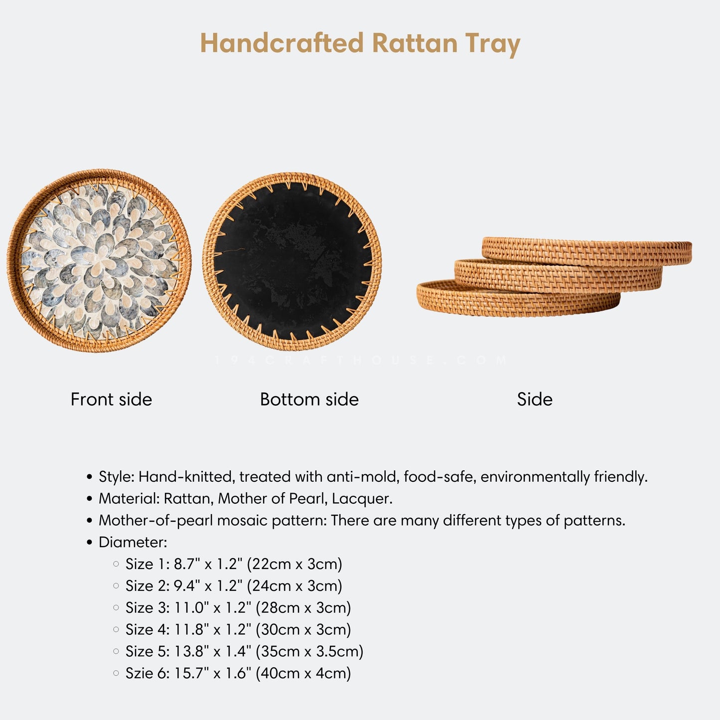 Handwoven Round Rattan With Mother of Pearl Inlay Tray