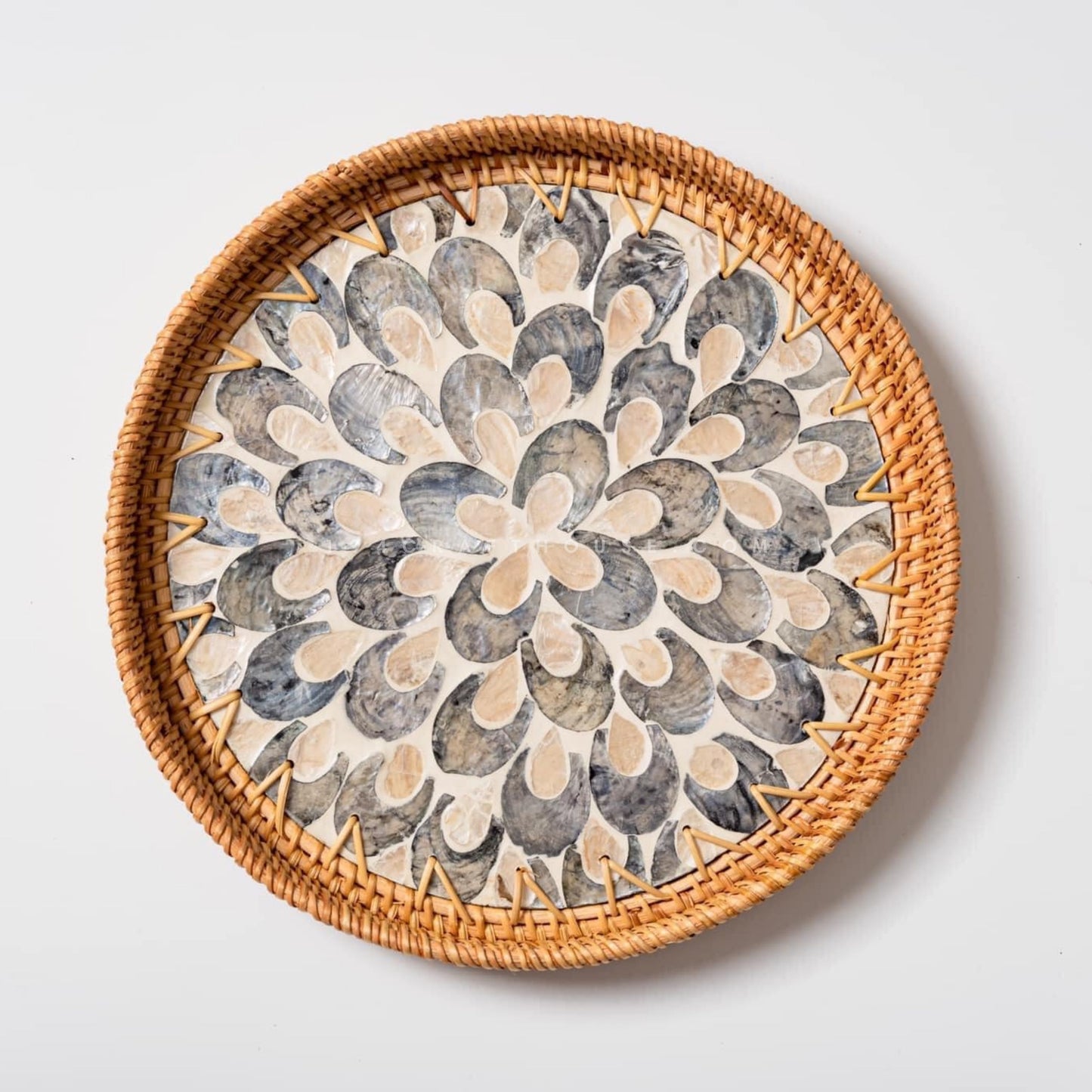 Handwoven Round Rattan With Mother of Pearl Inlay Tray