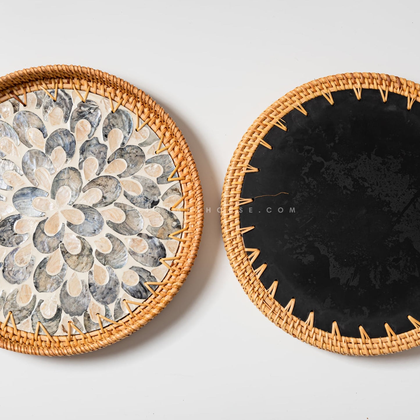 Handwoven Round Rattan With Mother of Pearl Inlay Tray