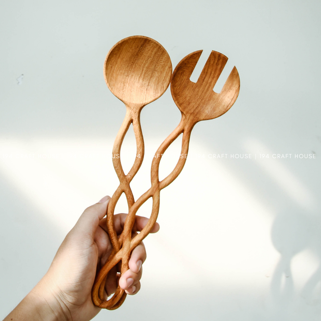 Twisted Long Handle Wooden Salad Tongs Servers Spoon - Fall Decor