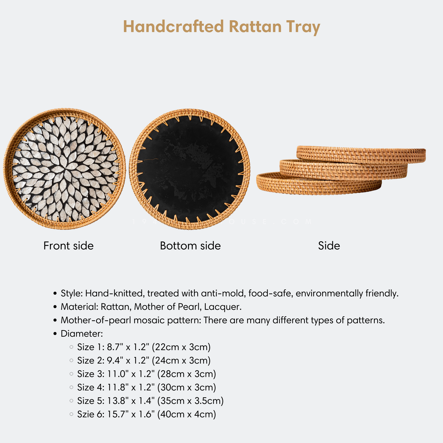 Woven Round Rattan Tray With Mother Of Pearl Inlay Various Size And Pattern