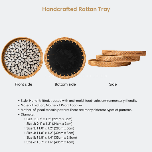 Woven Round Rattan Tray With Mother Of Pearl Inlay Various Size And Pattern
