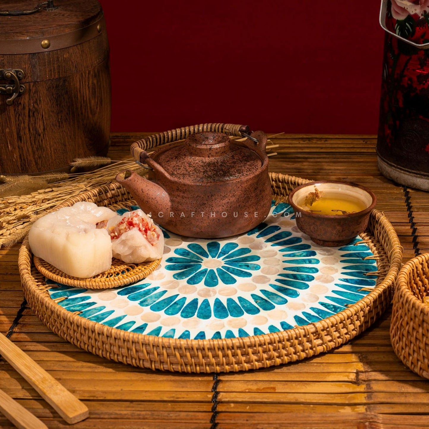 Woven Round Rattan Tray With Mother Of Pearl Inlay Various Size And Pattern