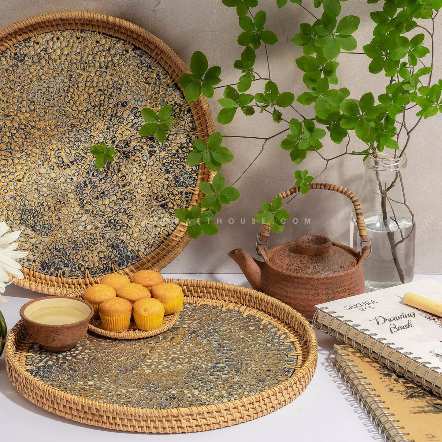 Woven Round Rattan Tray With Mother Of Pearl Inlay Various Size And Pattern