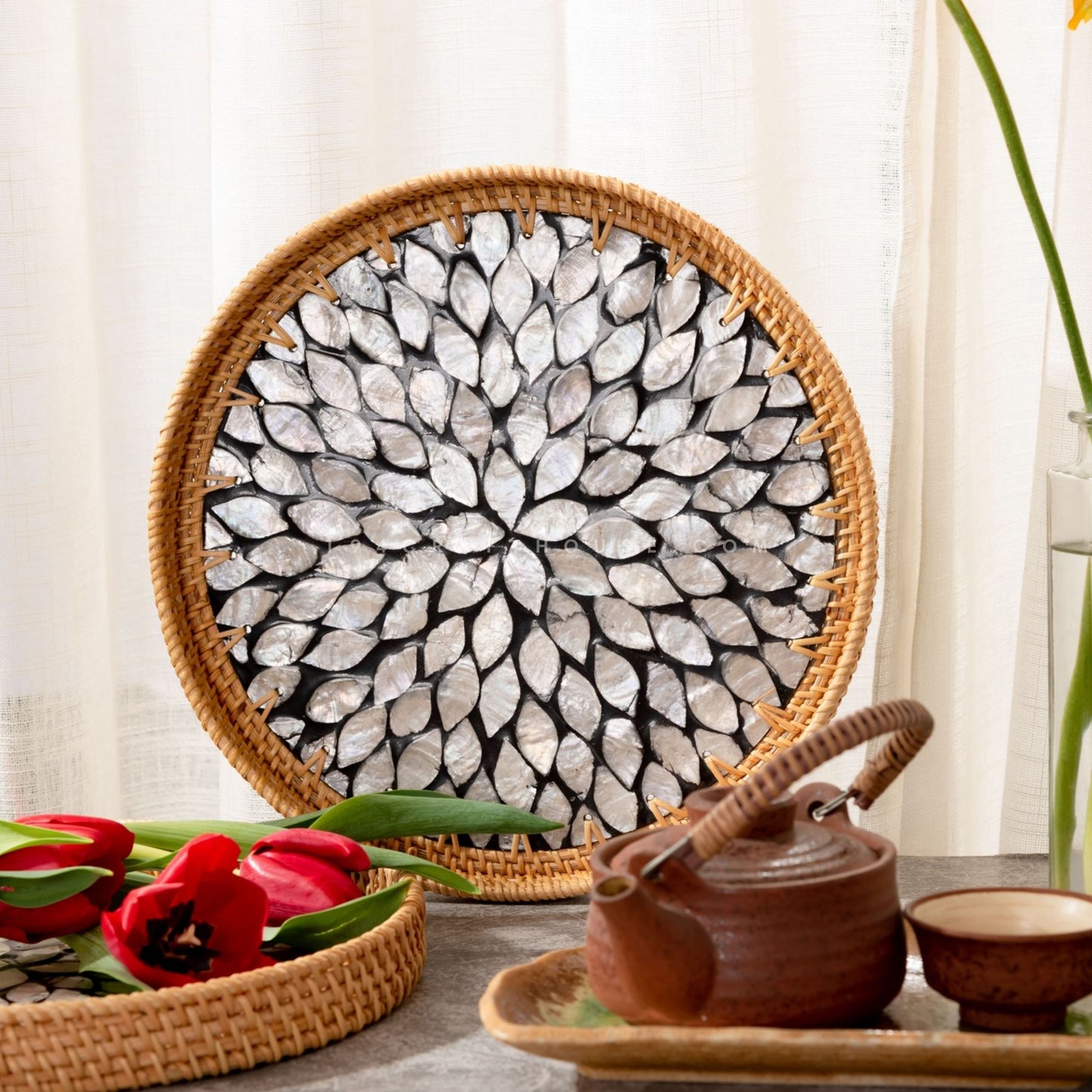 Woven Round Rattan Tray With Mother Of Pearl Inlay Various Size And Pattern