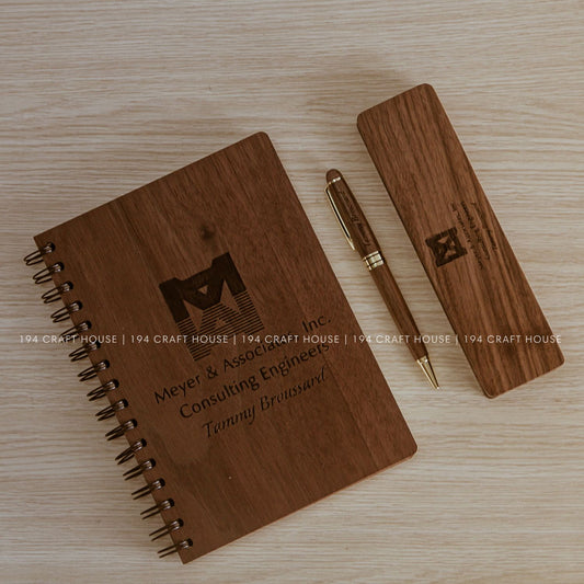 Personalized Wooden Notebook and Pen Set Custom Company Logo Engraved