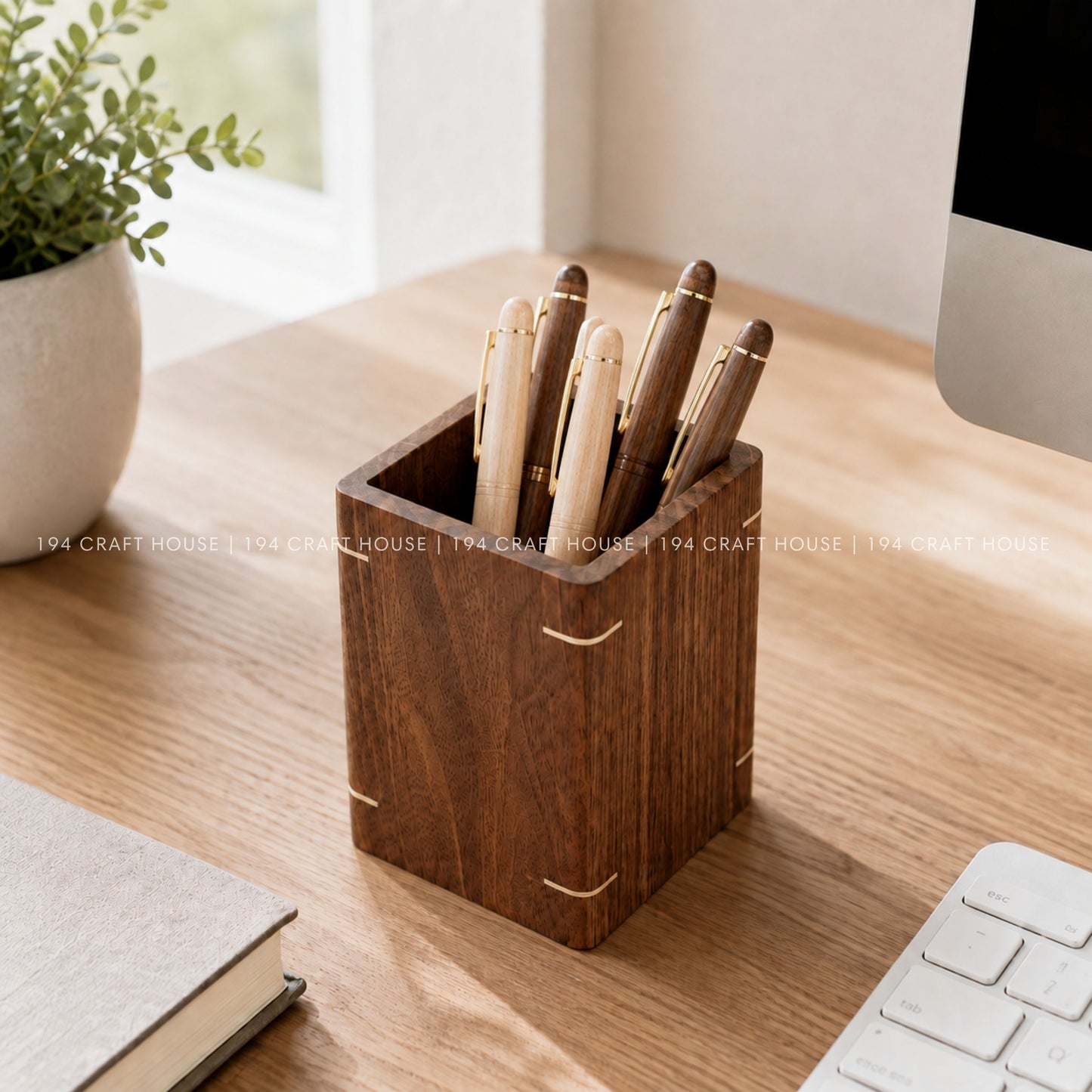 Personalized Walnut Wooden Pen Holder For Desk Custom Engraved Name Gift for Dad, Mom, Teacher, Lawyer, Doctor, Realtor, Company Logo Corporate Gifts for Employees, Executive, New Job Gifts, New Hire Gifts, Welcome Team Gifts, Gift for Clients, Desk Organizer, Minimalist Office Decor, University School Gifts, Engineer Gifts