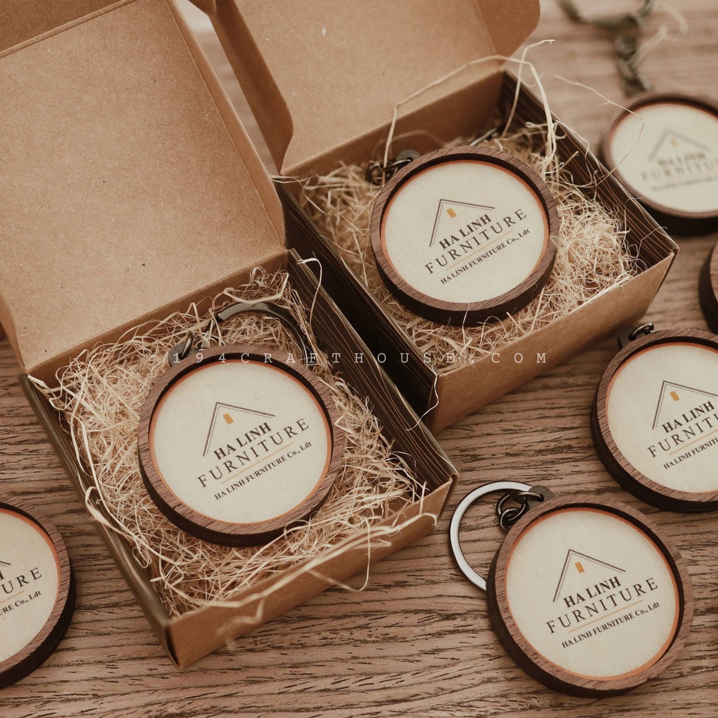 Custom Round Wooden Keychain: Personalized Engraved Logo, Name, Message, 3D layer shape. Personalized gift for wedding favors, bridal shower favors, birthday gifts, or bulk gift for corporate gift for employee, clients, branding, marketing, event gifts, promotional gifts