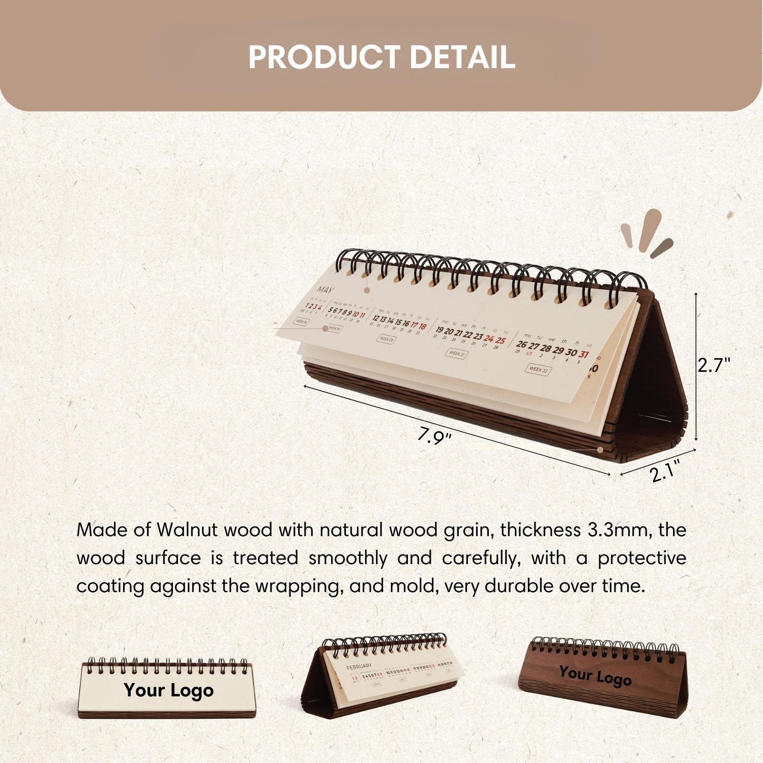 Walnut wooden horizontal desk calendar personalized engraved