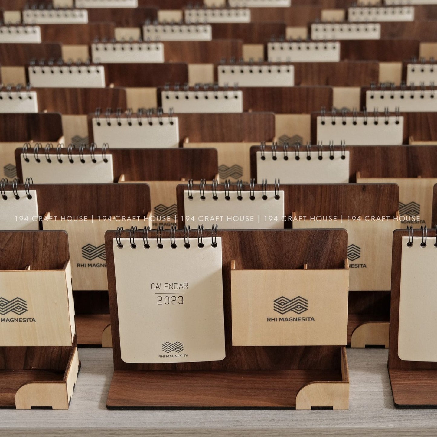 Multi-function wooden calendar stand with pen holder & accessories tray