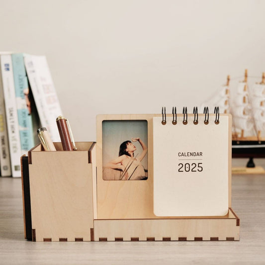 Personalized Wooden desk organizer with a photo frame and calendar