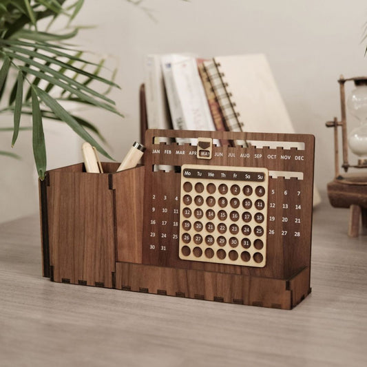 Custom Multi-Function Wood Perpetual Desk Calendar With Pen & Pencils Holder, Business Card Holder, Accessories Tray, Personalized Desk Organizer