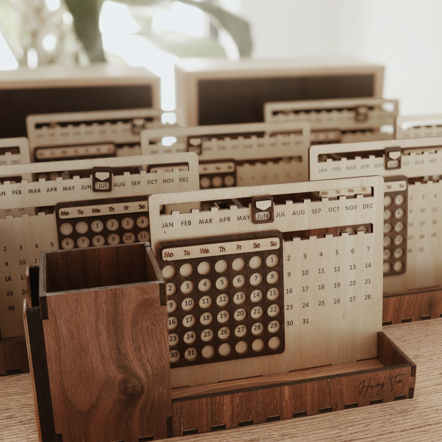 Custom Multi-Function Wood Perpetual Desk Calendar With Pen & Pencils Holder, Business Card Holder, Accessories Tray, Personalized Desk Organizer