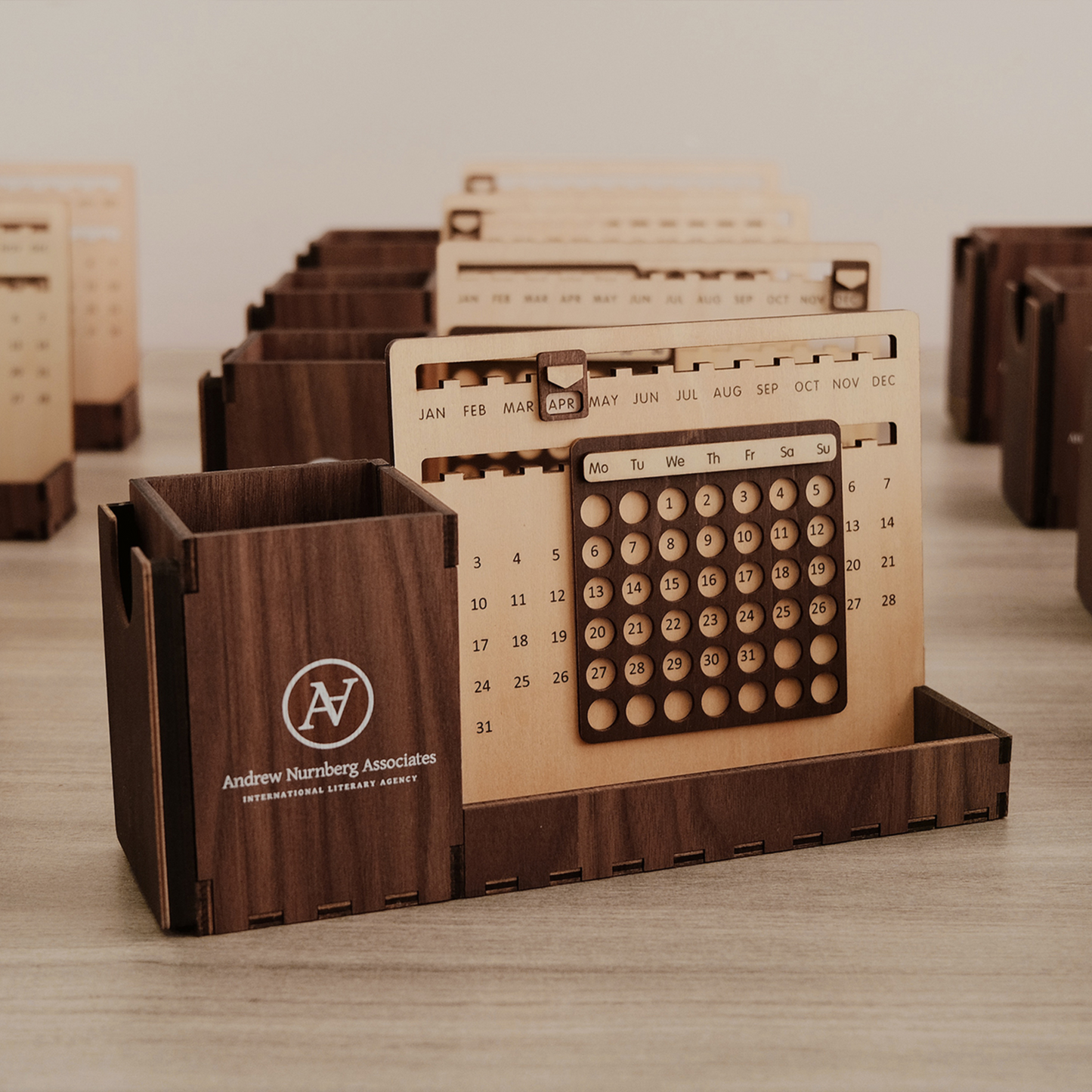 Custom Multi-Function Wood Perpetual Desk Calendar With Pen & Pencils Holder, Business Card Holder, Accessories Tray, Personalized Desk Organizer