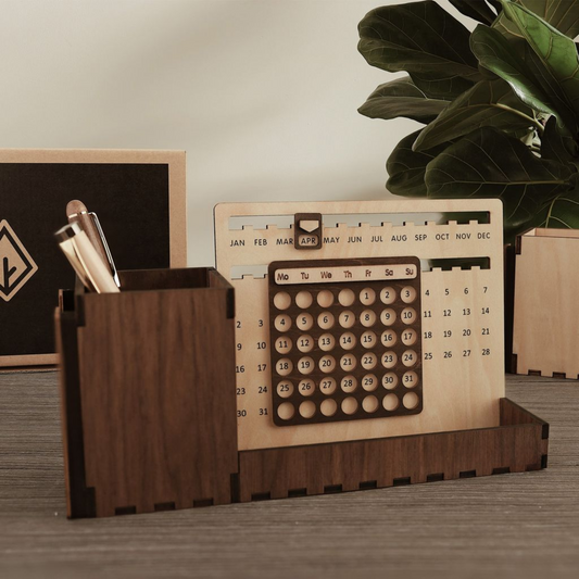 Custom Multi-Function Wood Perpetual Desk Calendar With Pen & Pencils Holder, Business Card Holder, Accessories Tray, Personalized Desk Organizer