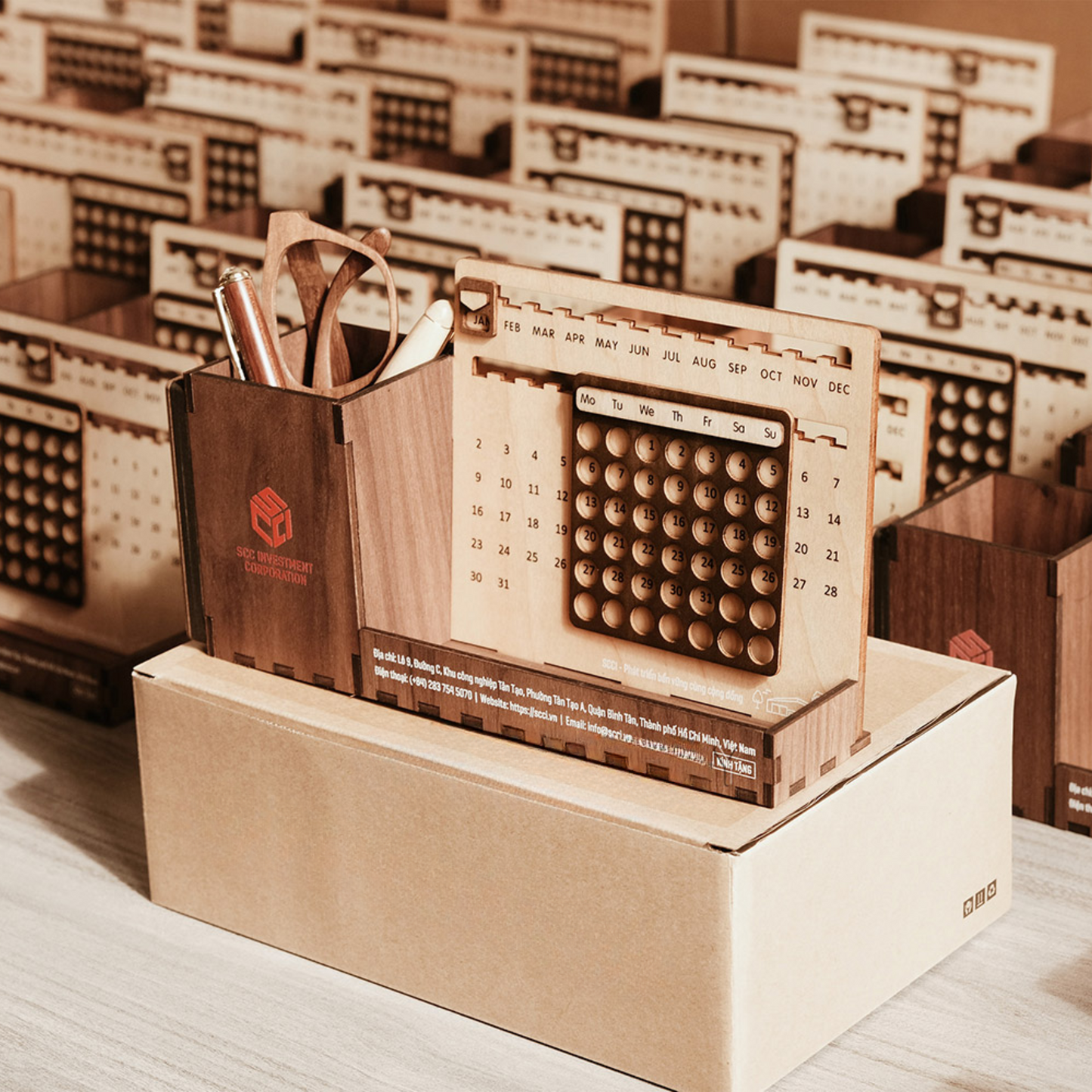 Custom Multi-Function Wood Perpetual Desk Calendar With Pen & Pencils Holder, Business Card Holder, Accessories Tray, Personalized Desk Organizer