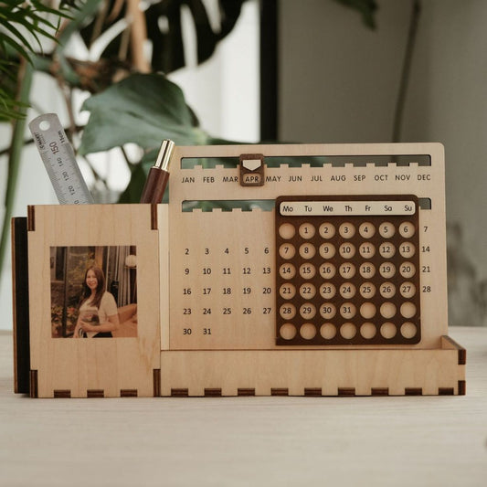 Custom Multi-Function Wood Perpetual Desk Calendar With Pen & Pencils Holder, Business Card Holder, Accessories Tray, Personalized Desk Organizer