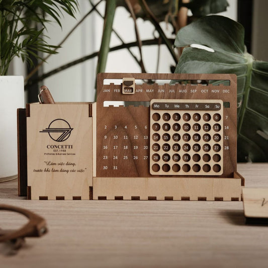 Custom Multi-Function Wood Perpetual Desk Calendar With Pen & Pencils Holder, Business Card Holder, Accessories Tray, Personalized Desk Organizer