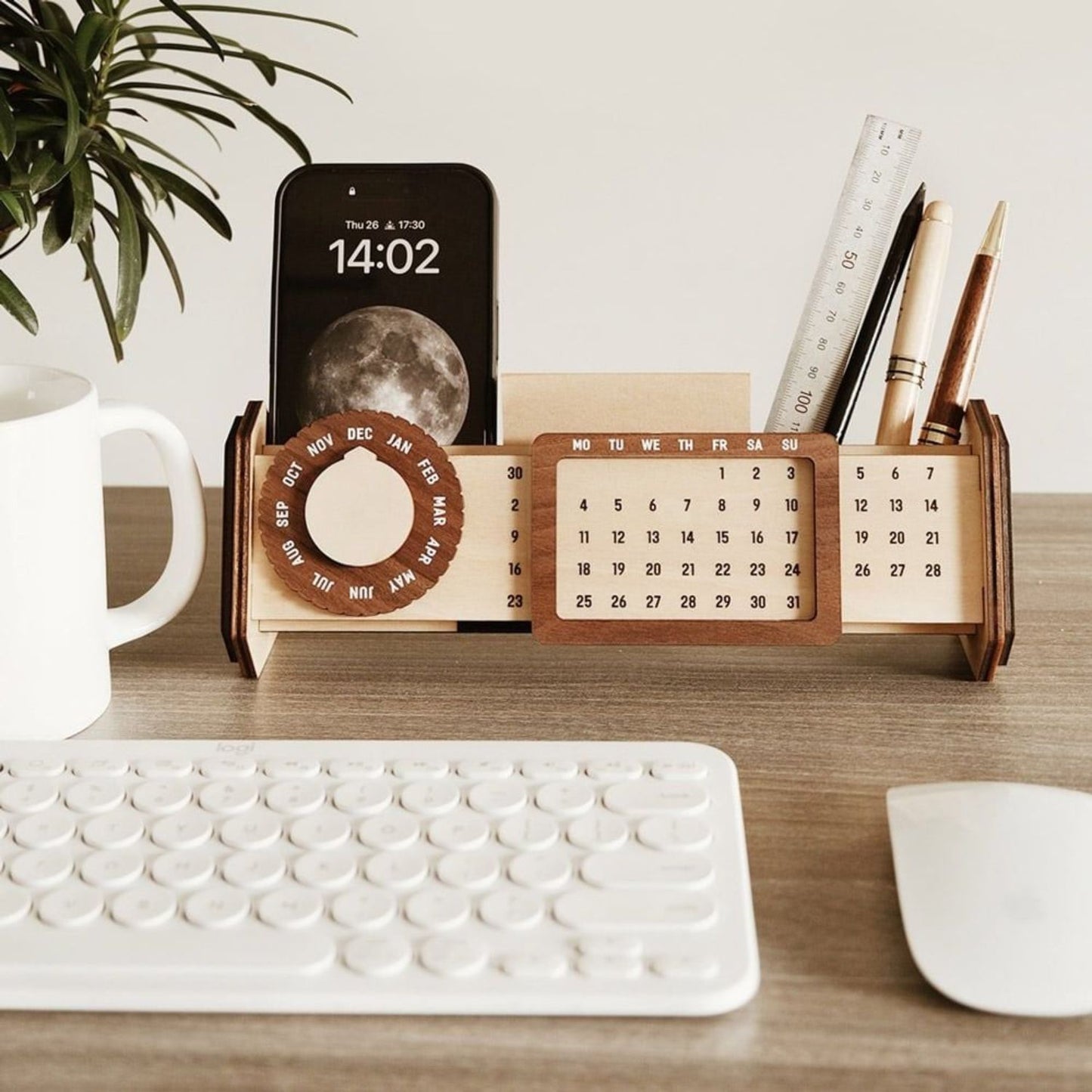 Custom Multi-Function Wood Perpetual Desk Calendar With Pen & Pencils Holder, Business Card Holder, Accessories Tray, Personalized Desk Organizer, Custom End of year corporate gift for clients and employees