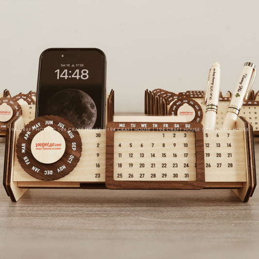 Custom Multi-Function Wood Perpetual Desk Calendar With Pen & Pencils Holder, Business Card Holder, Accessories Tray, Personalized Desk Organizer, Custom End of year corporate gift for clients and employees