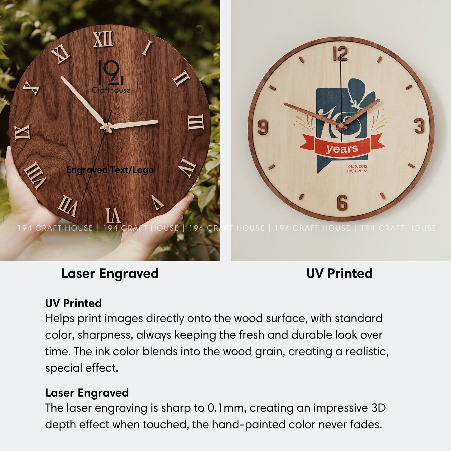 Personalized Wood Wall Clock with engraved or UV printed