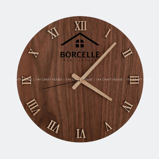 Round Walnut Wall Clock With Maple Roman Numerals