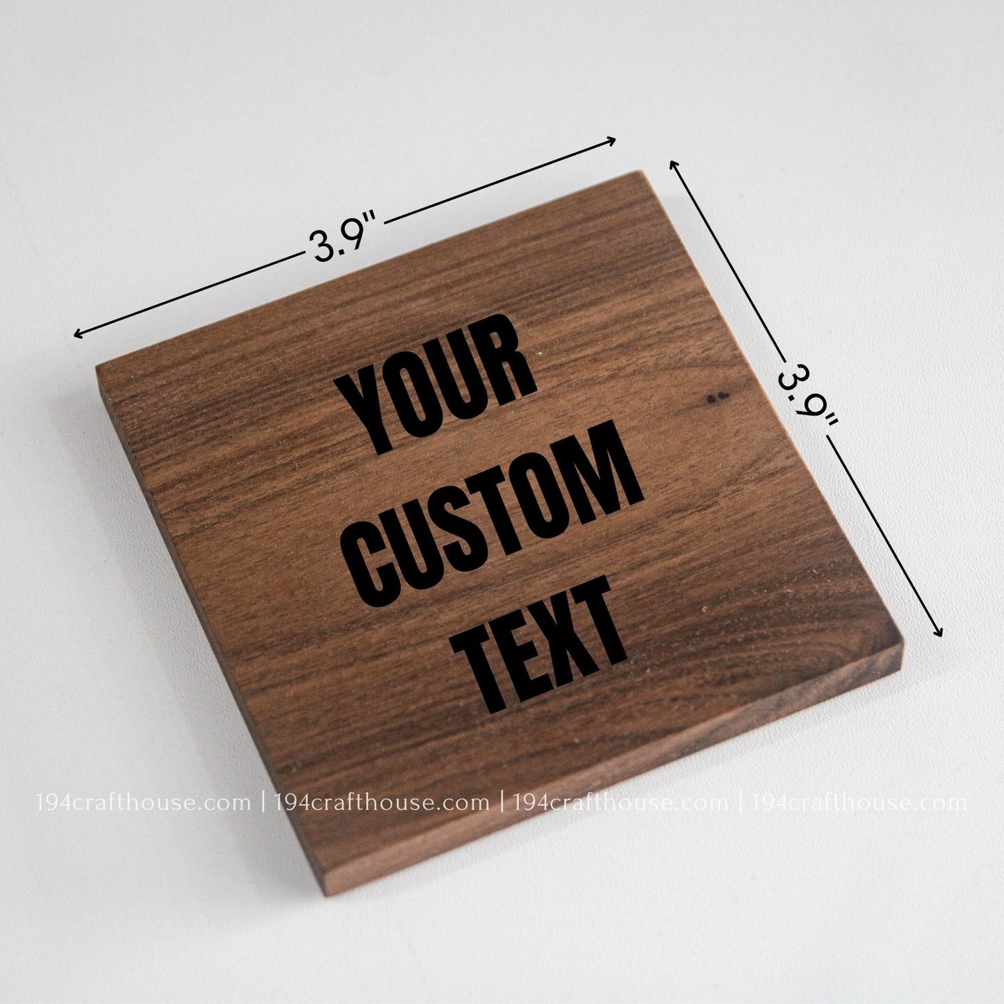 Wooden coasters sign with 'Your Custom Text' engraved on it, dimensions indicated.