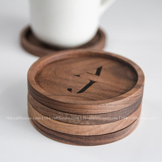 Custom Logo Engraved Round Walnut Wood Coasters (Set of 4)- Home Decor & Gifts