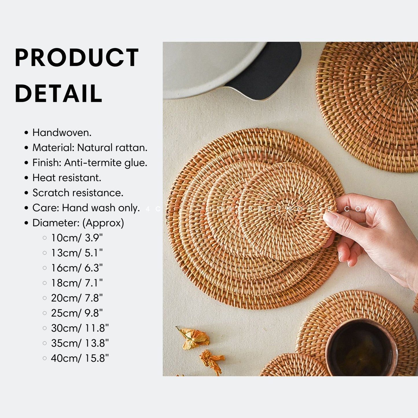 15.8" Handwoven Natural Round Rattan Placemat Large Size