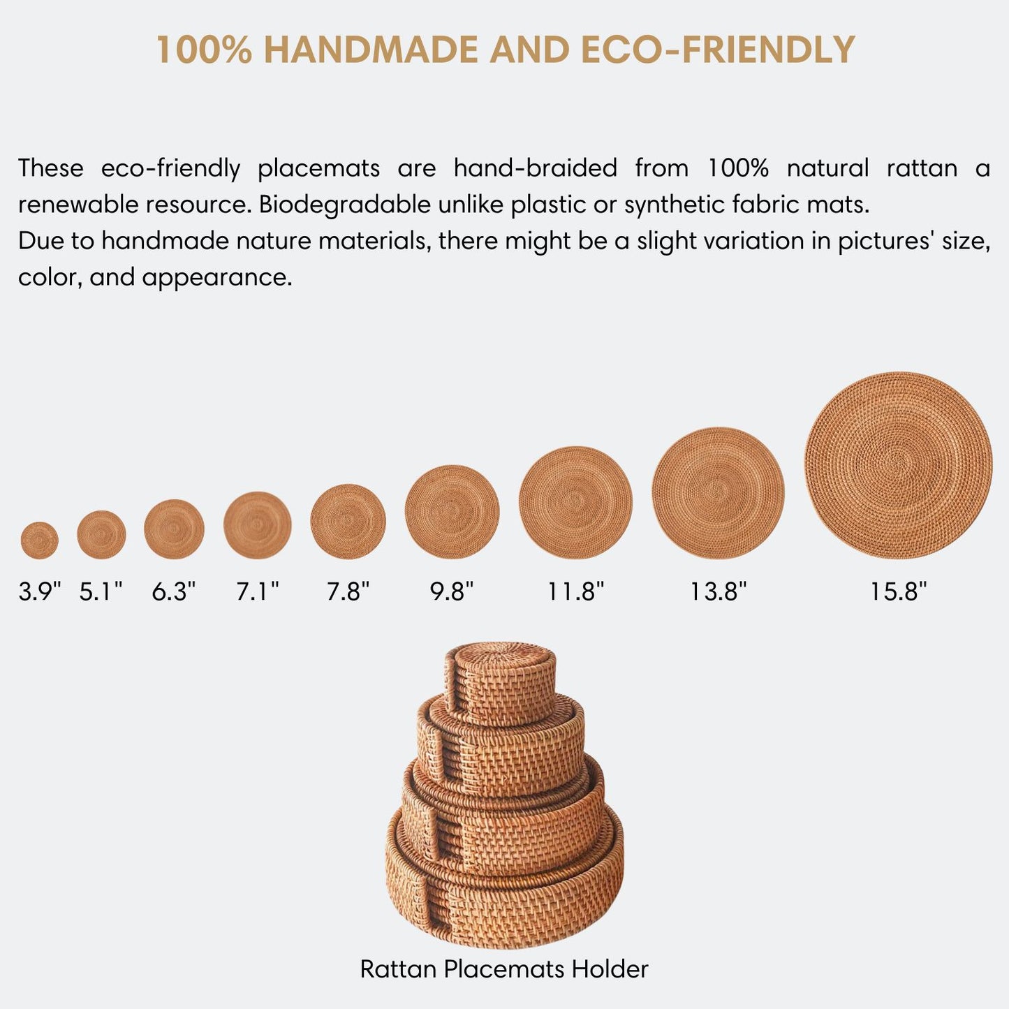 15.8" Handwoven Natural Round Rattan Placemat Large Size