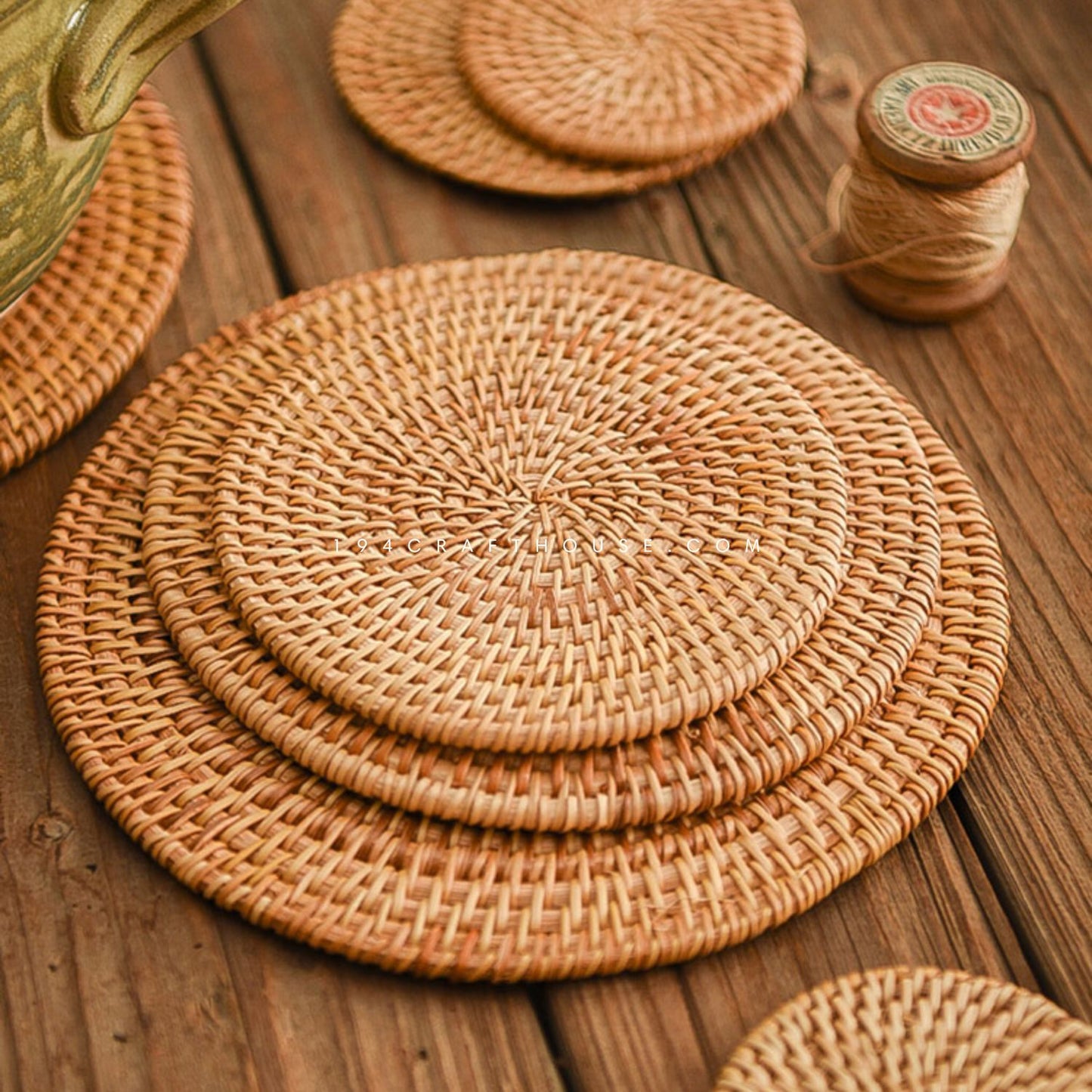 15.8" Handwoven Natural Round Rattan Placemat Large Size