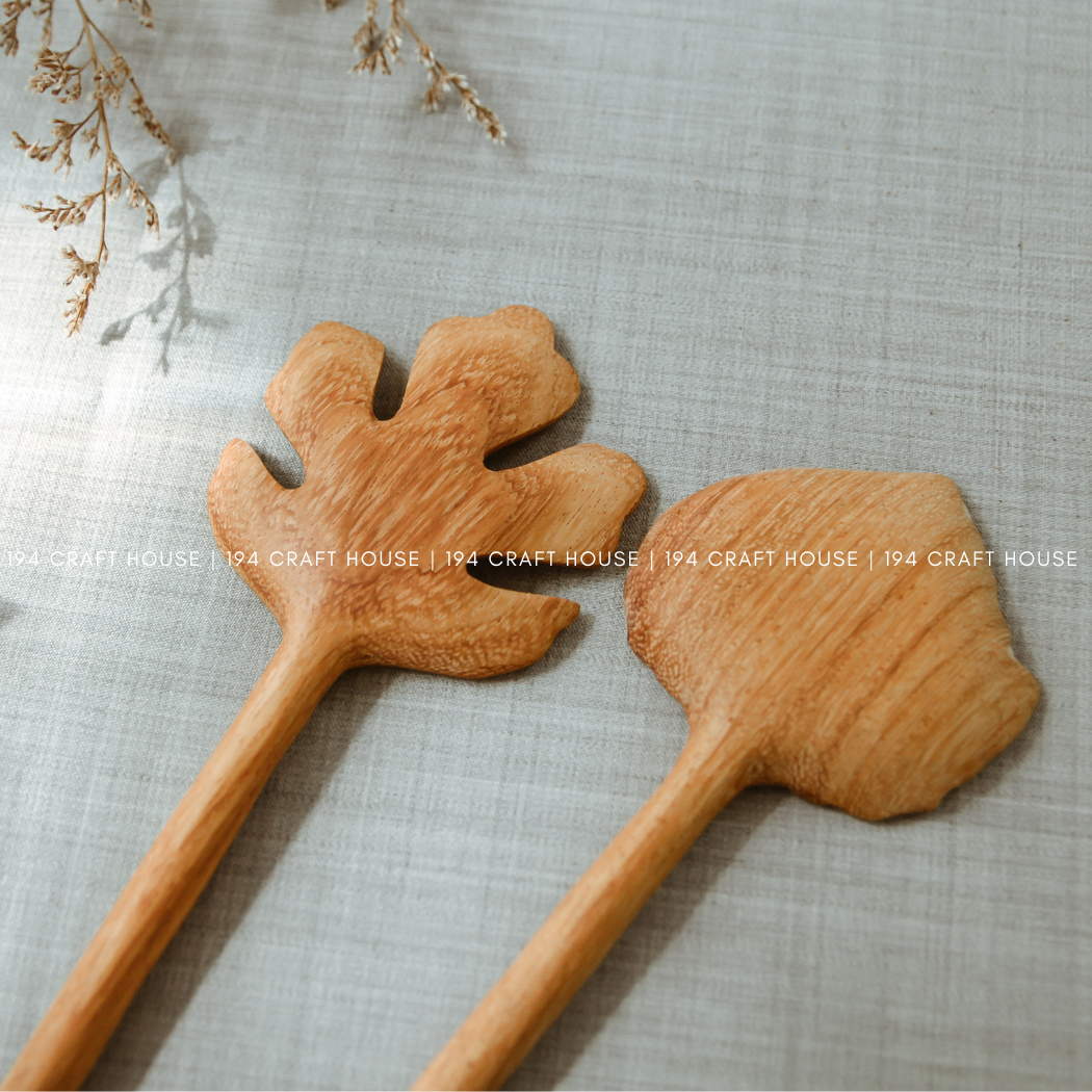 Hand Carved Wooden Salad Servers Spoon - Kitchen Serving Utensils
