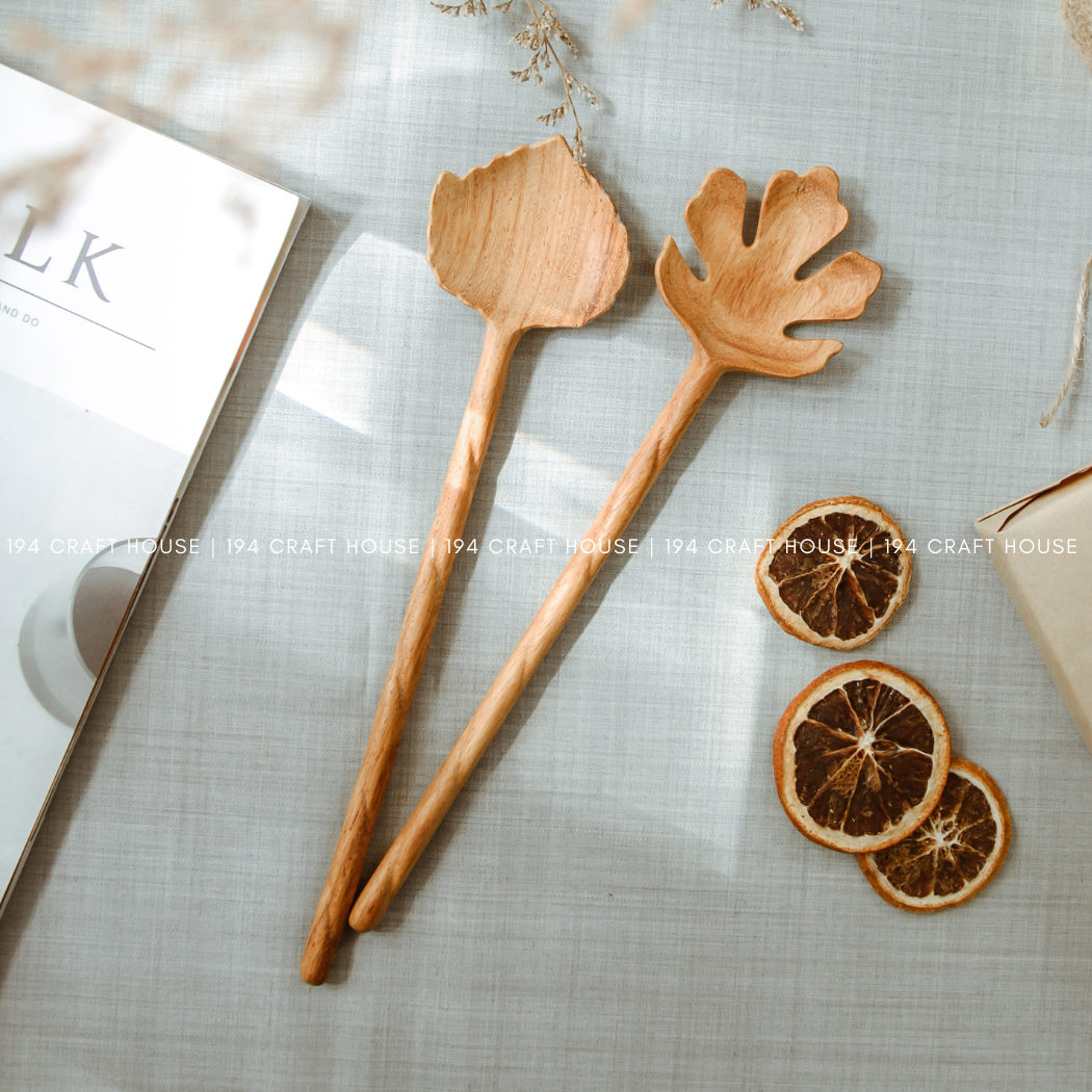 Hand Carved Wooden Salad Servers Spoon - Kitchen Serving Utensils