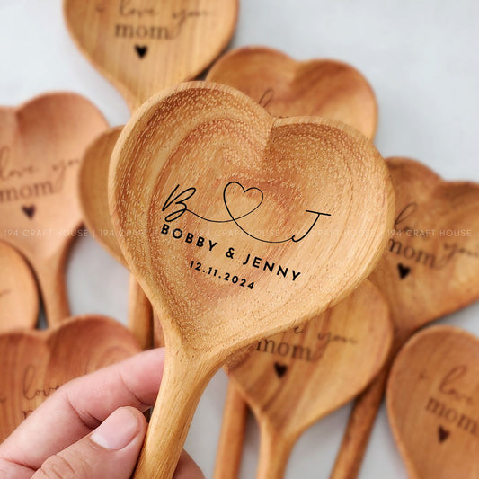 Engraved Wooden Heart Spoon Personalized Gift for Wedding, Gift for Couples, Wedding Favors For Guest In Bulk, Bridal Shower Favors, Tea Party Favors
