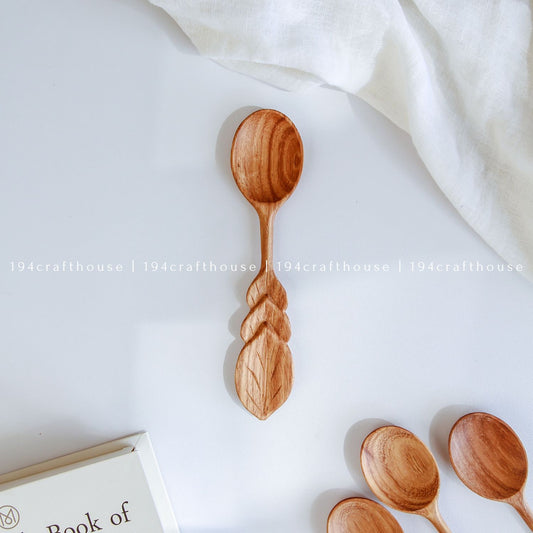 Hand Carved Leaf Handle Wooden Spoon - Kitchen Serving Utensils
