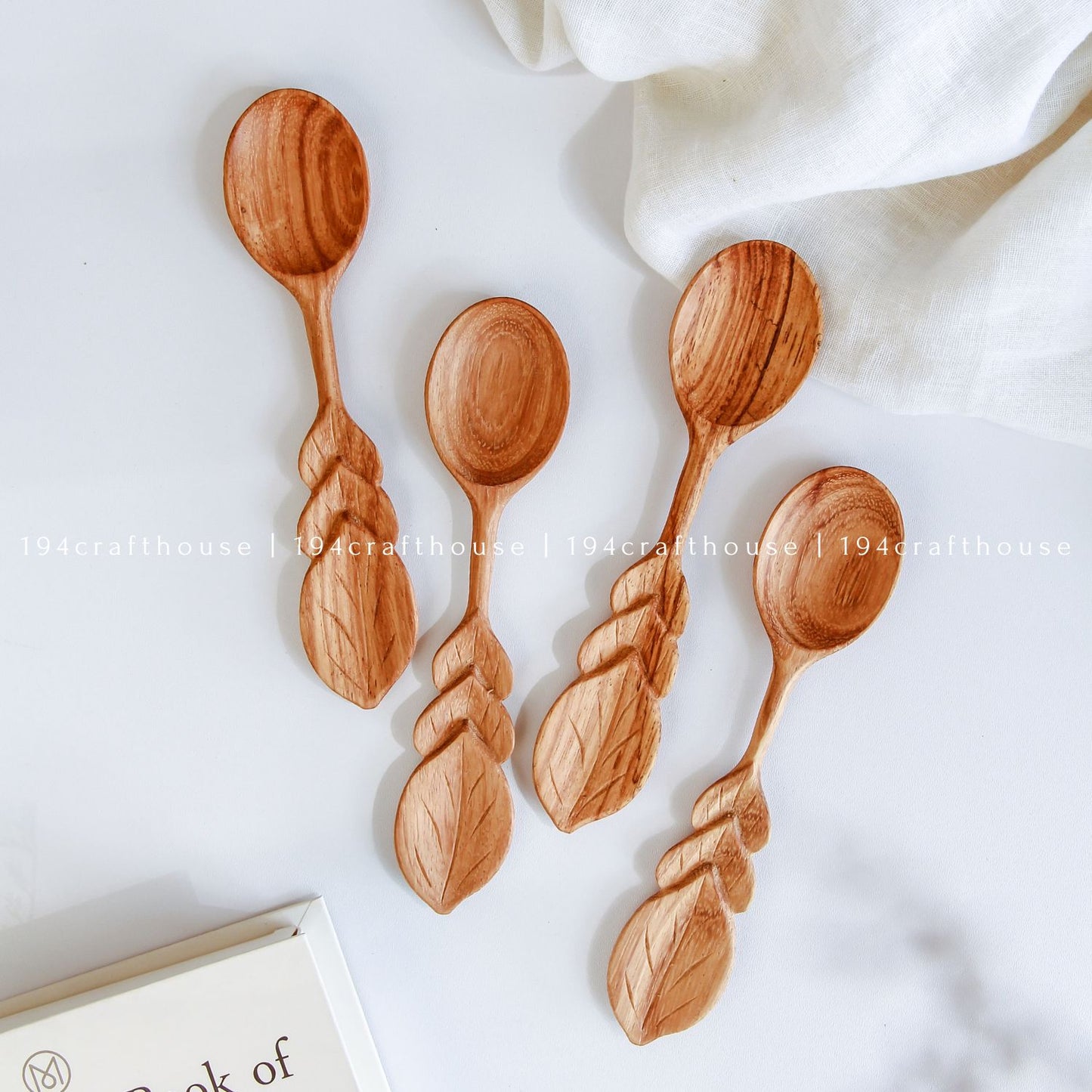 Hand Carved Leaf Handle Wooden Spoon - Kitchen Serving Utensils