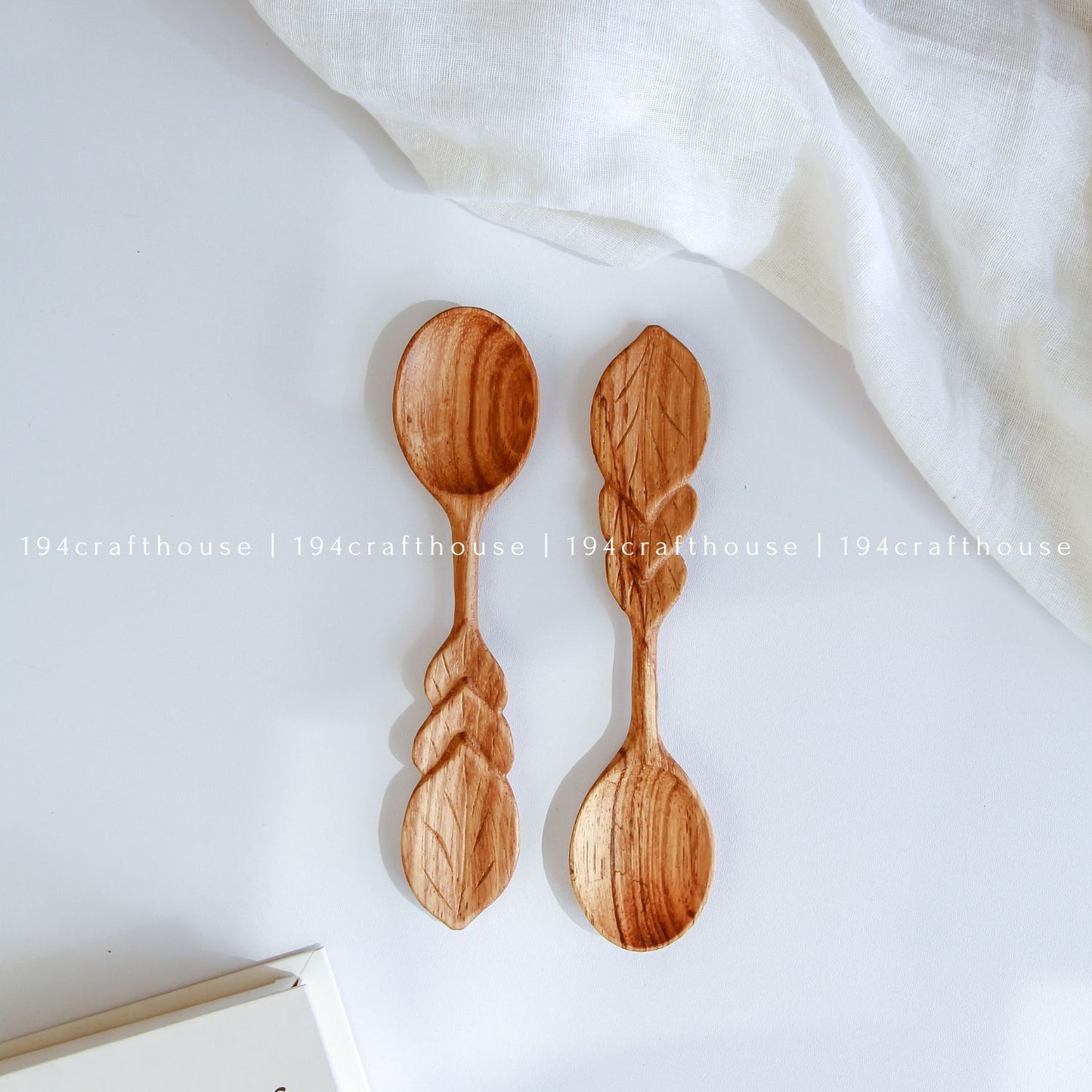 Hand Carved Leaf Handle Wooden Spoon - Kitchen Serving Utensils