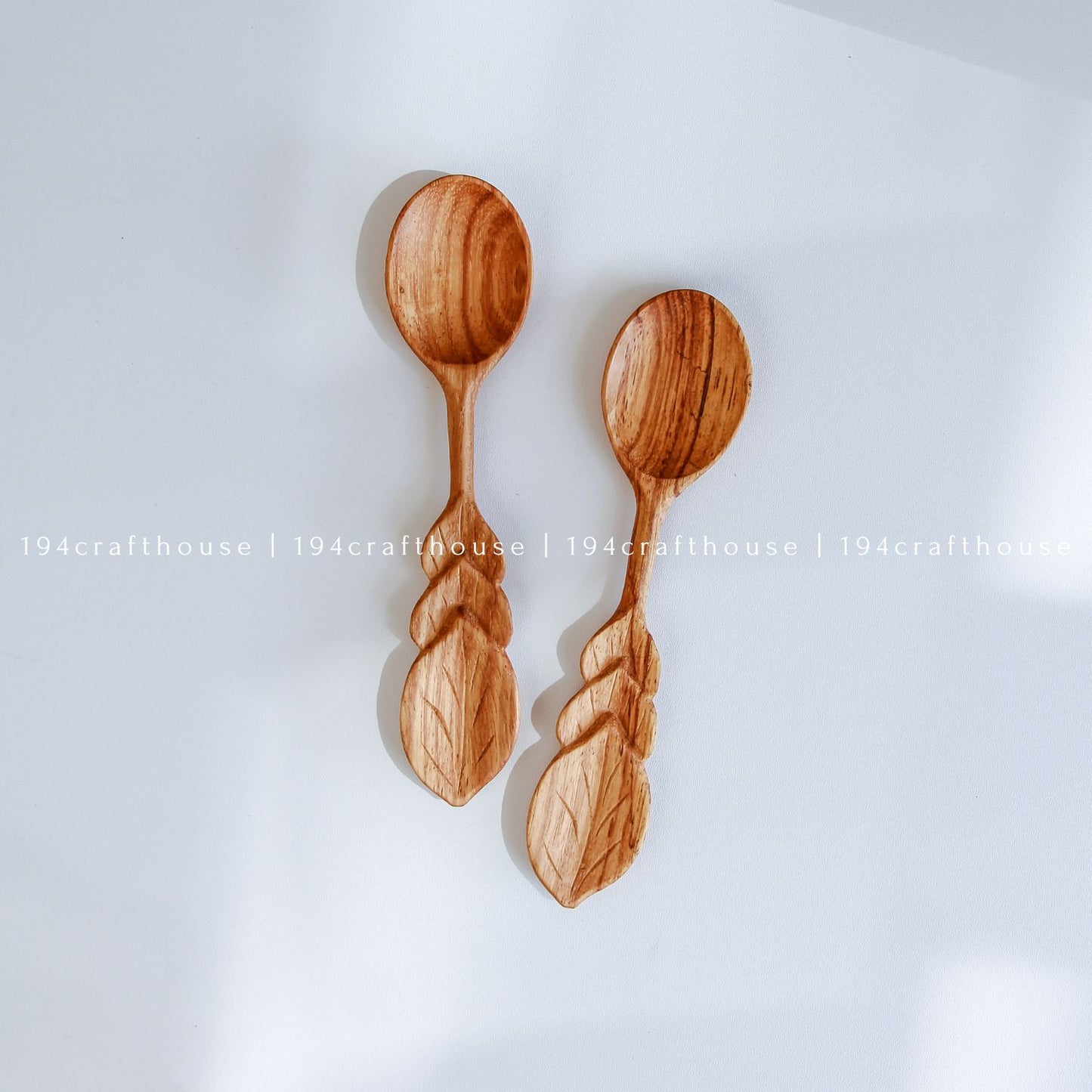 Hand Carved Leaf Handle Wooden Spoon - Kitchen Serving Utensils