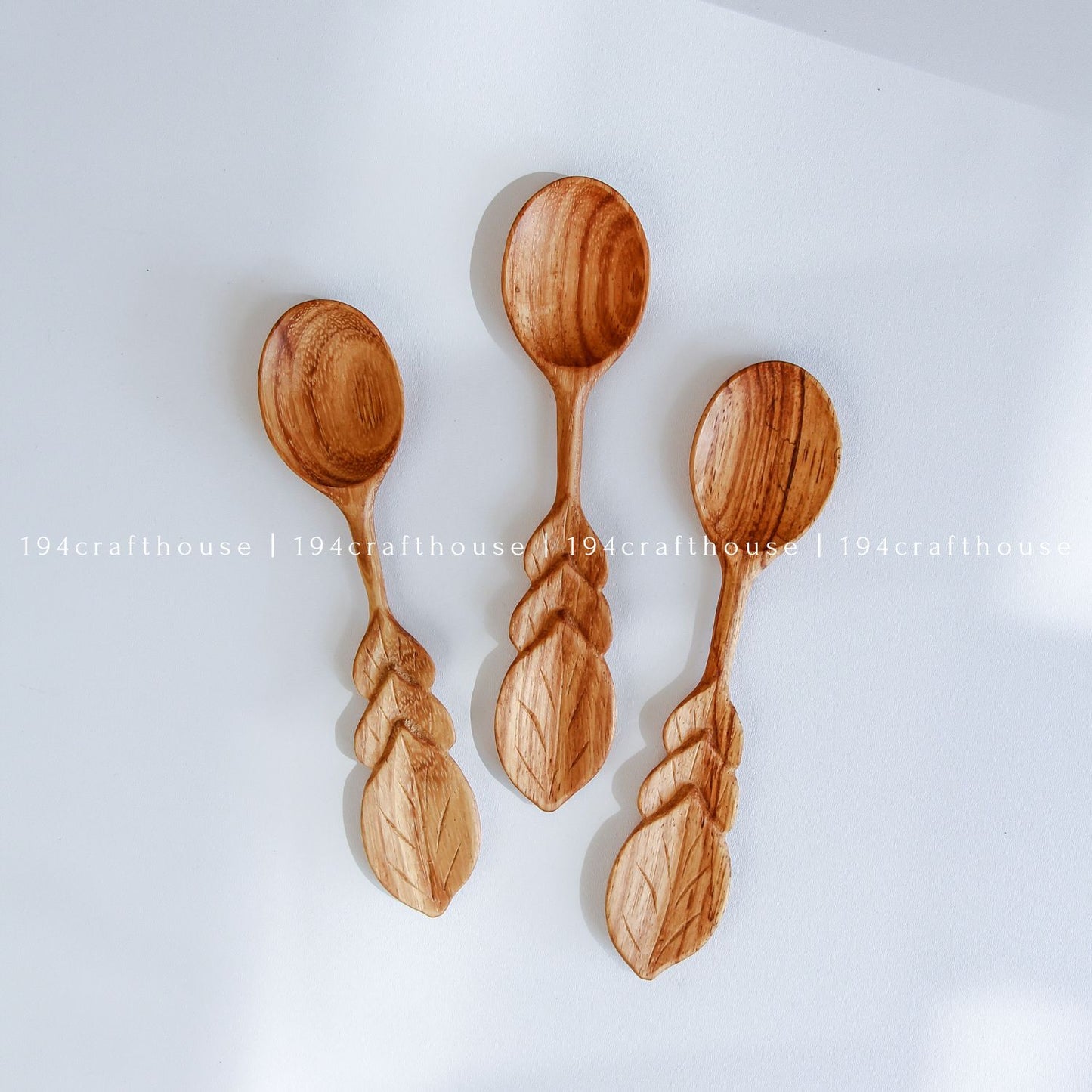 Hand Carved Leaf Handle Wooden Spoon - Kitchen Serving Utensils