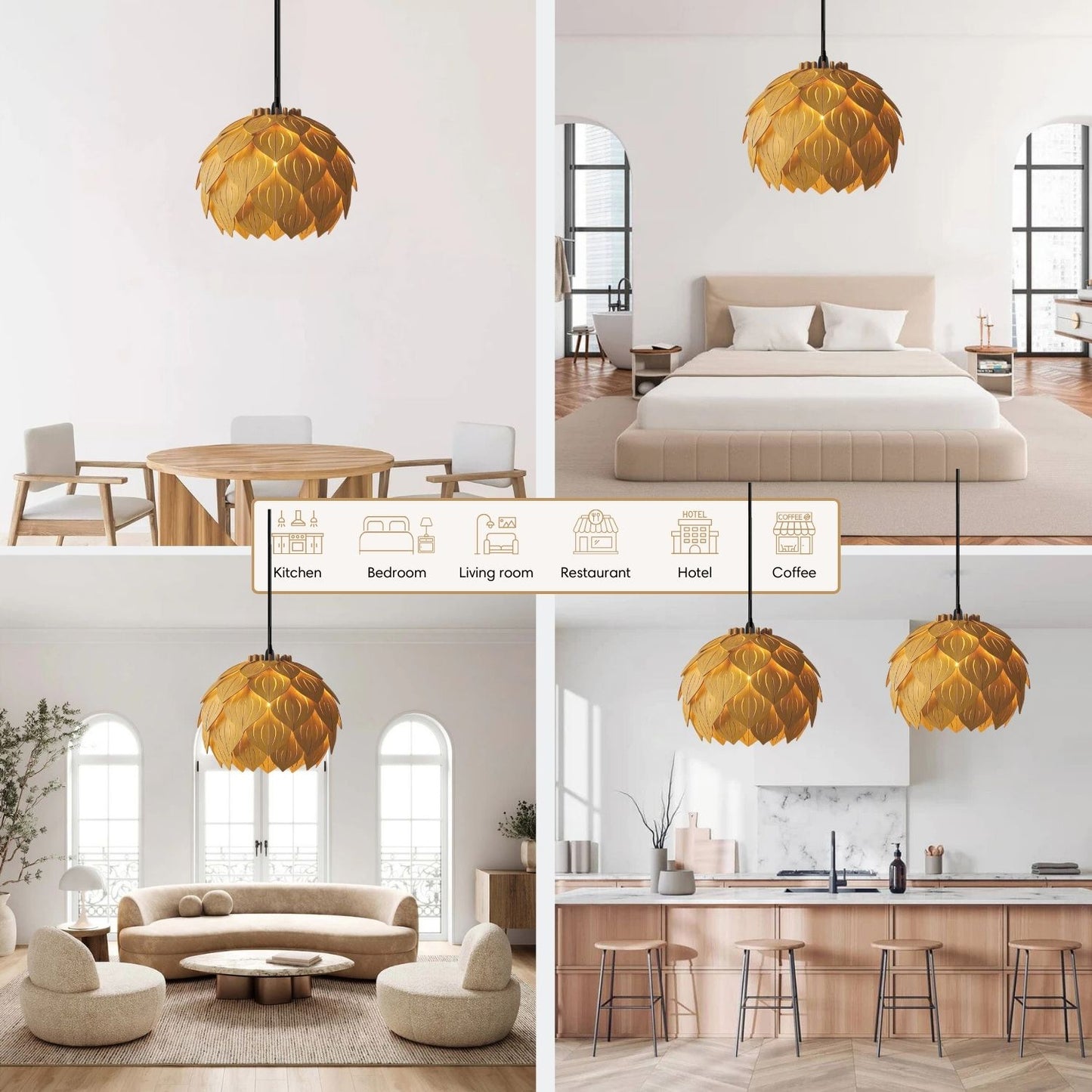 12" Lotus Wooden Pendant Light for Home Decor
