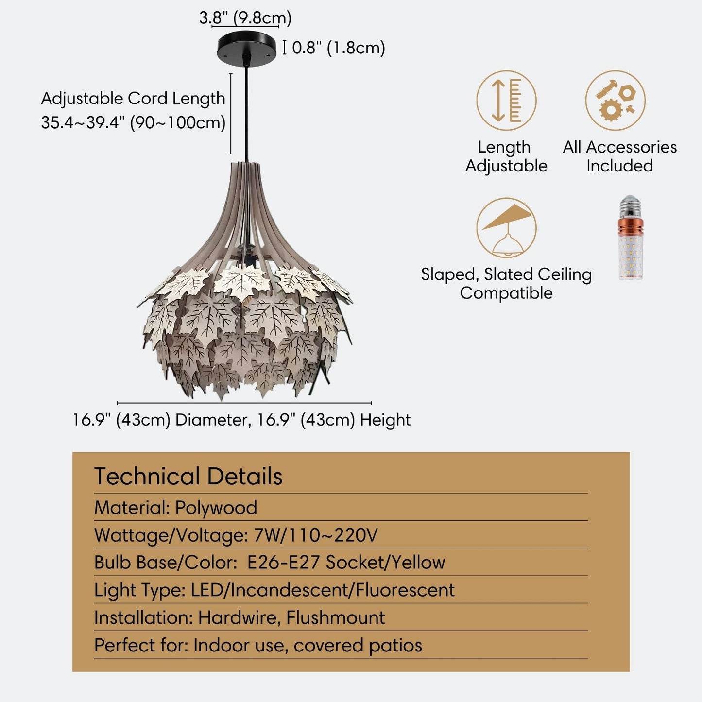 Wood Pendant Light Maple Leaf Specification