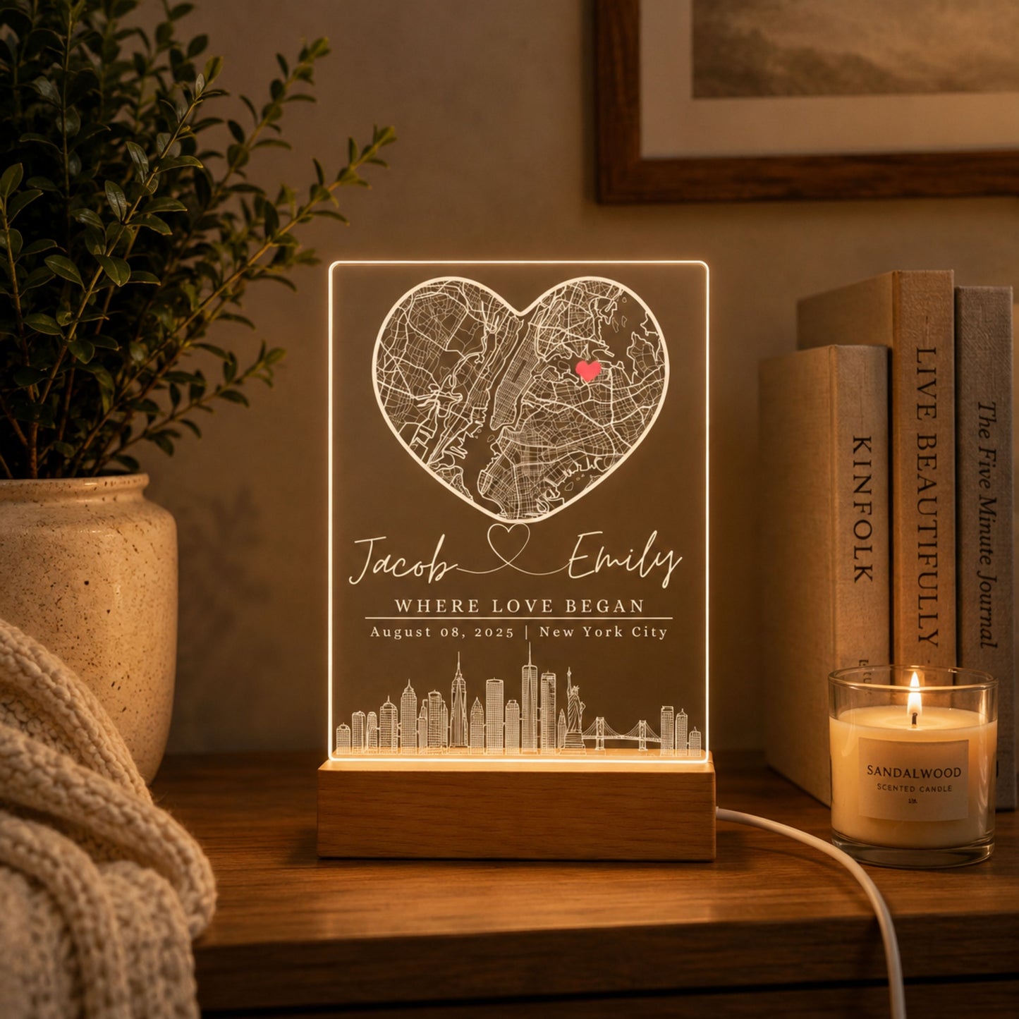 Heart Map Night Light Anniversary Gift for Couples