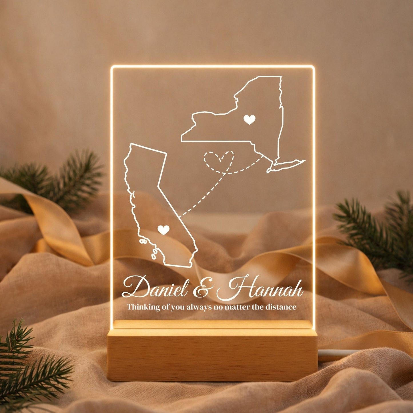 Acrylic night light featuring two separate U.S. state silhouettes connected by a dotted line.