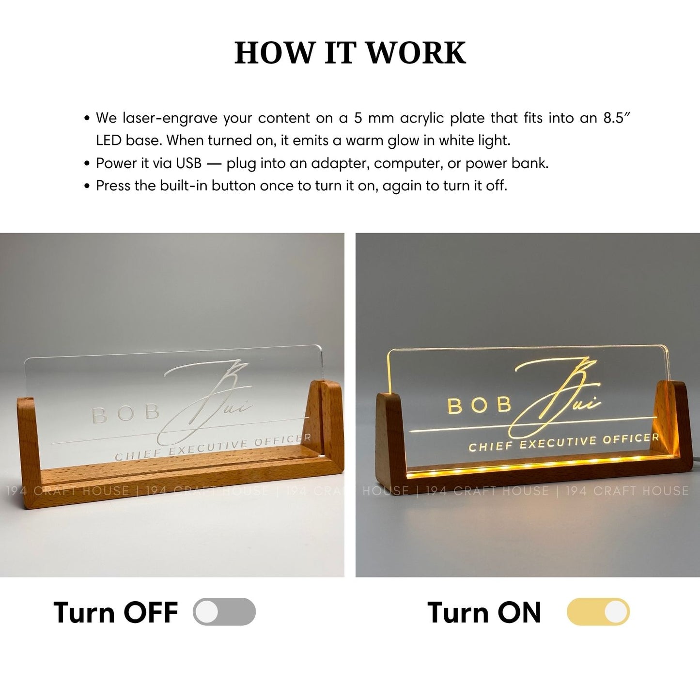 Personalized Led Acrylic Desk Name Plates With Wooden Base - Custom Name Sign - Office Gifts & Decor